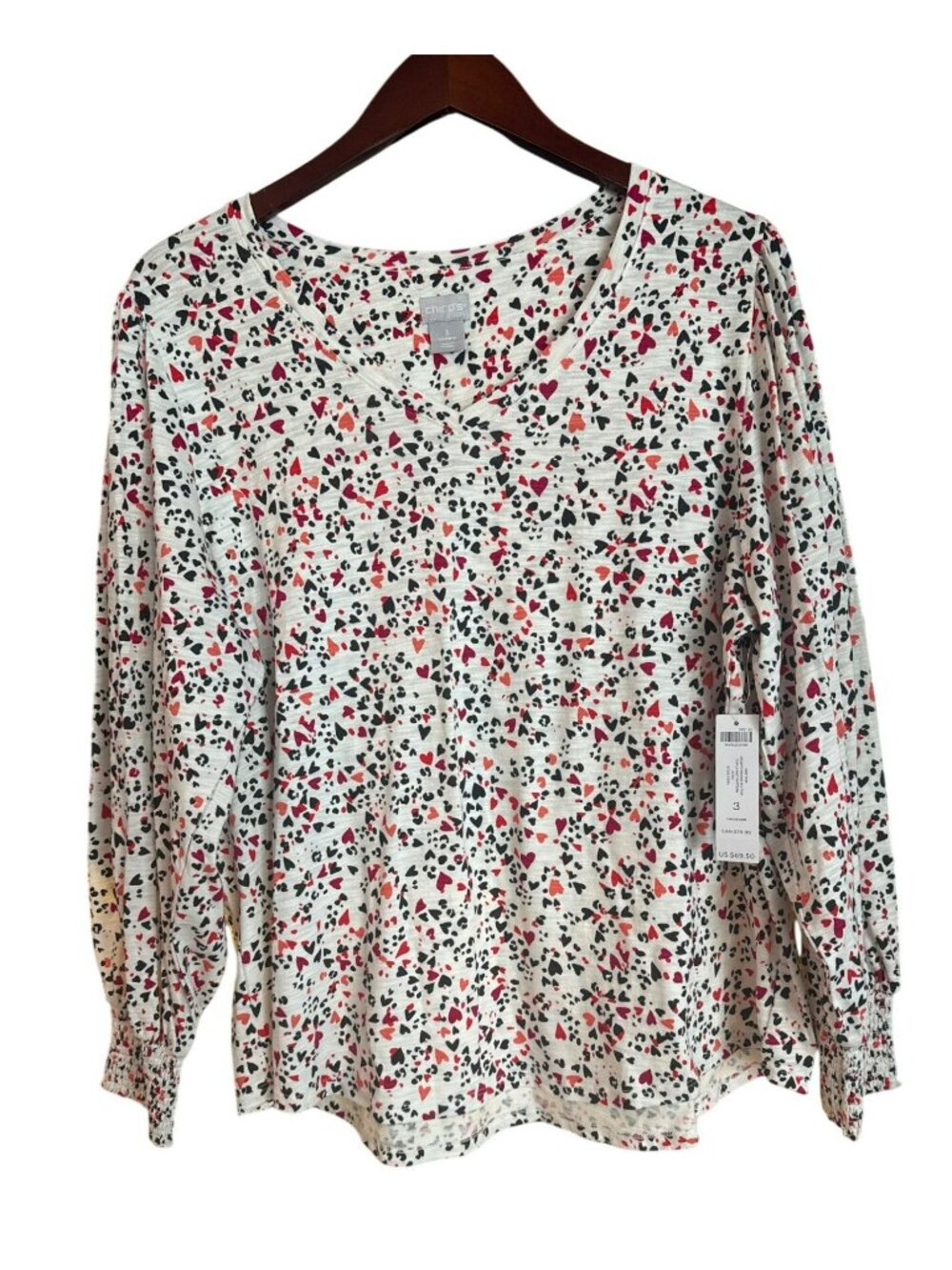 Chico's 3 XL NWT Red Black Heart Print Knit Top Smocked Cuff V-Neck Blouse